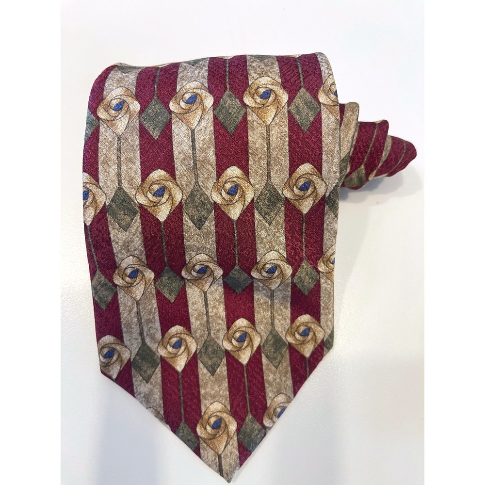 Roundtree & Yorke‎ Red Maroon Gold Floral Rose Patterned Silk Mens Tie